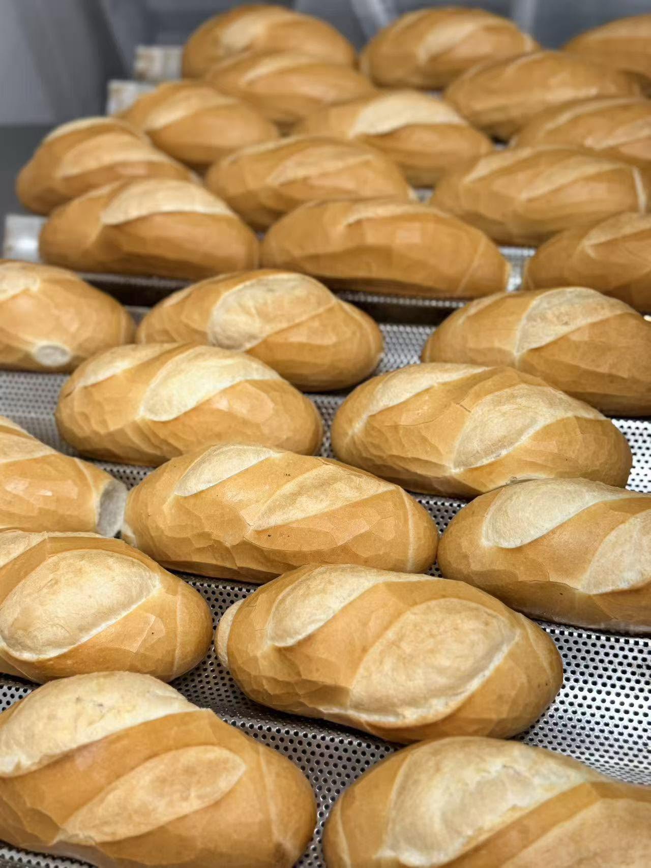 Fresh baguettes cooling on trays at Vietnam Corner